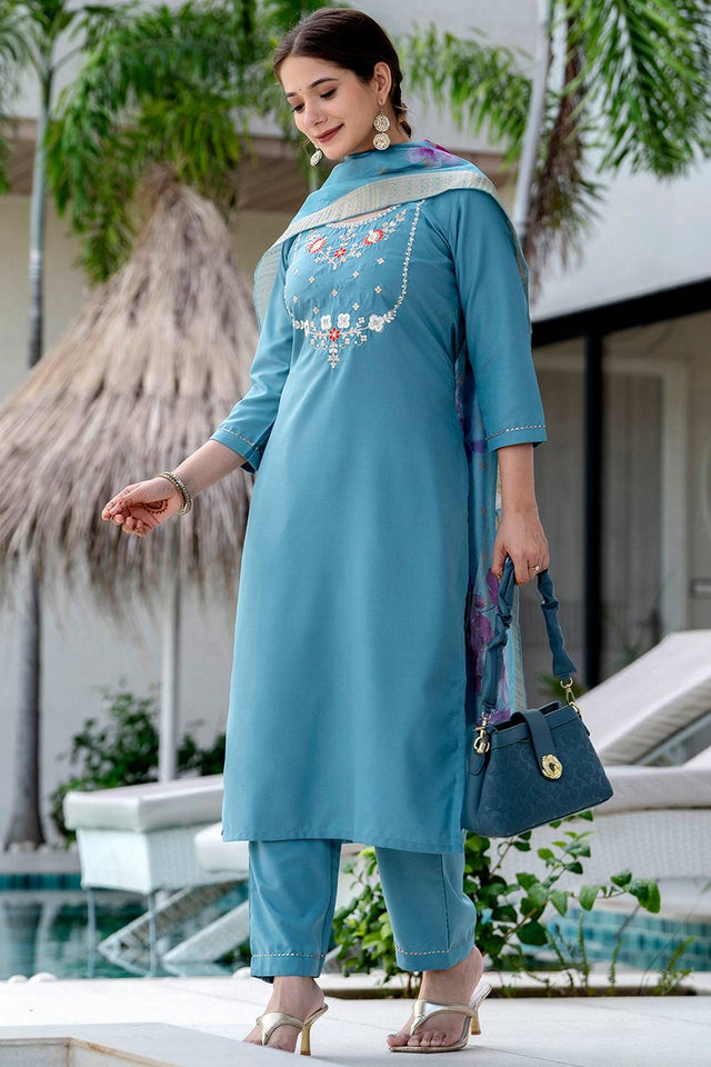 Blue Floral Embroidered Viscose Kurti Pant Set