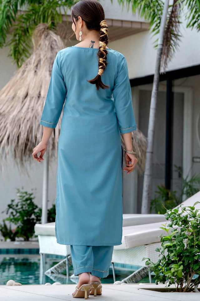 Blue Floral Embroidered Viscose Kurti Pant Set