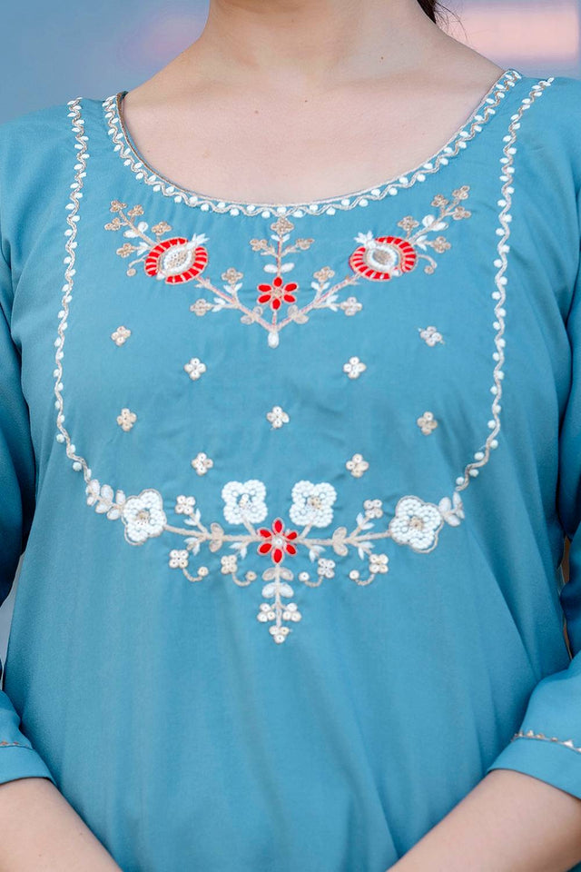 Blue Floral Embroidered Viscose Kurti Pant Set