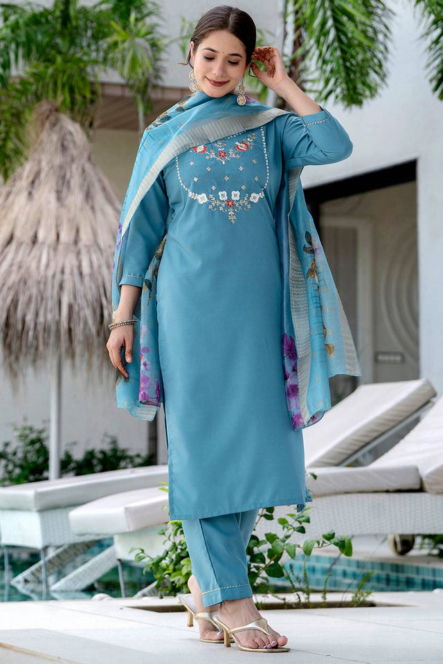 Blue Floral Embroidered Viscose Kurti Pant Set