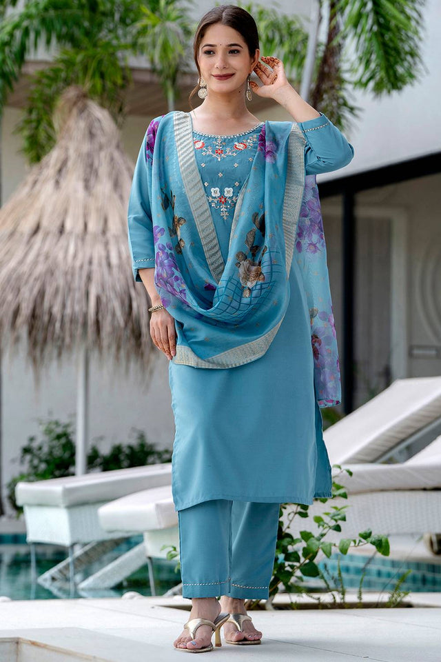 Blue Floral Embroidered Viscose Kurti Pant Set