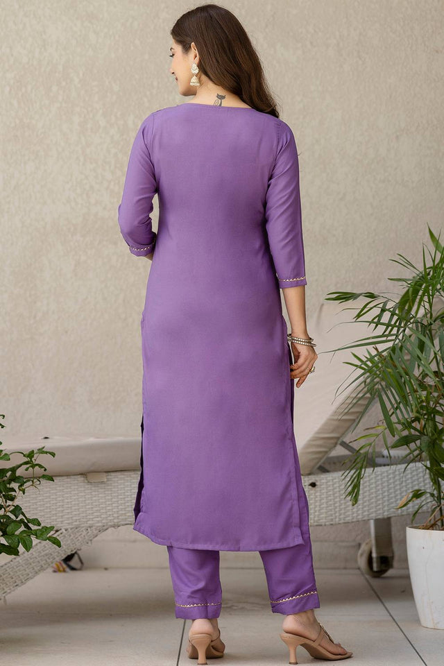 Violet Floral Embroidered Viscose Kurti Pant Set