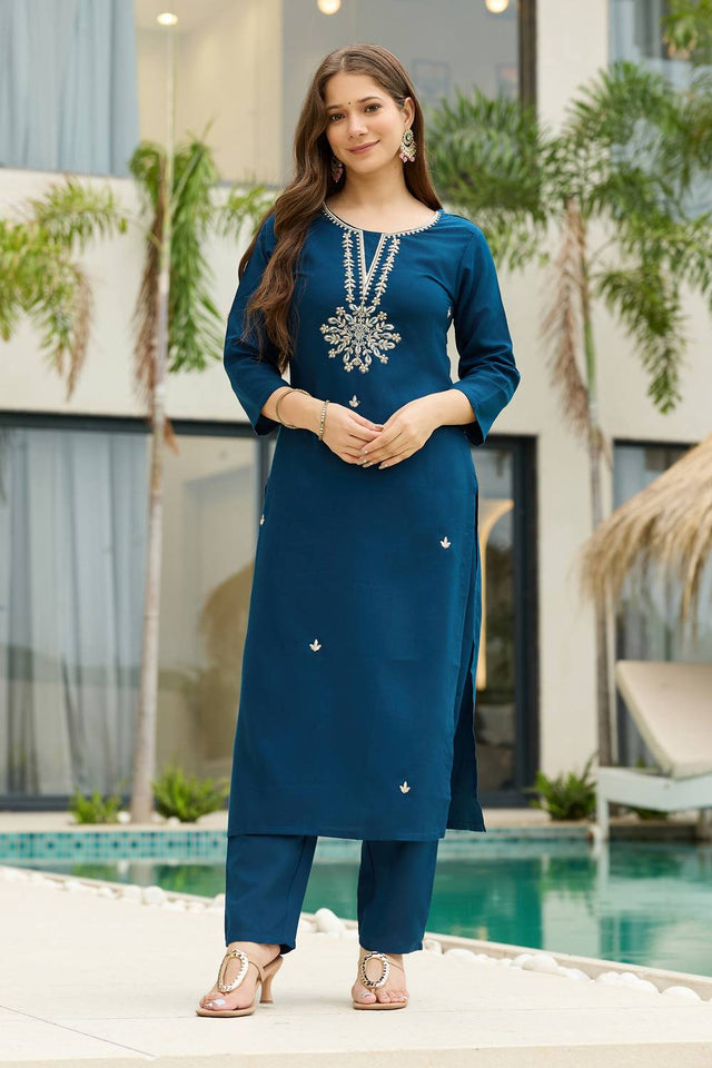 Navy-Blue Floral Embroidered Rayon Kurti Pant Set
