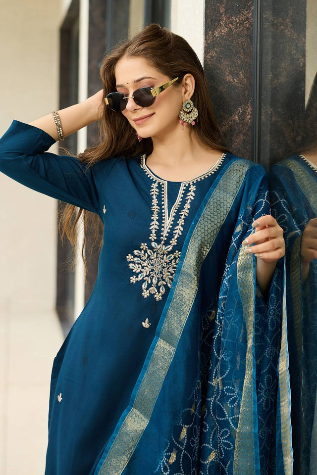 Navy-Blue Floral Embroidered Rayon Kurti Pant Set