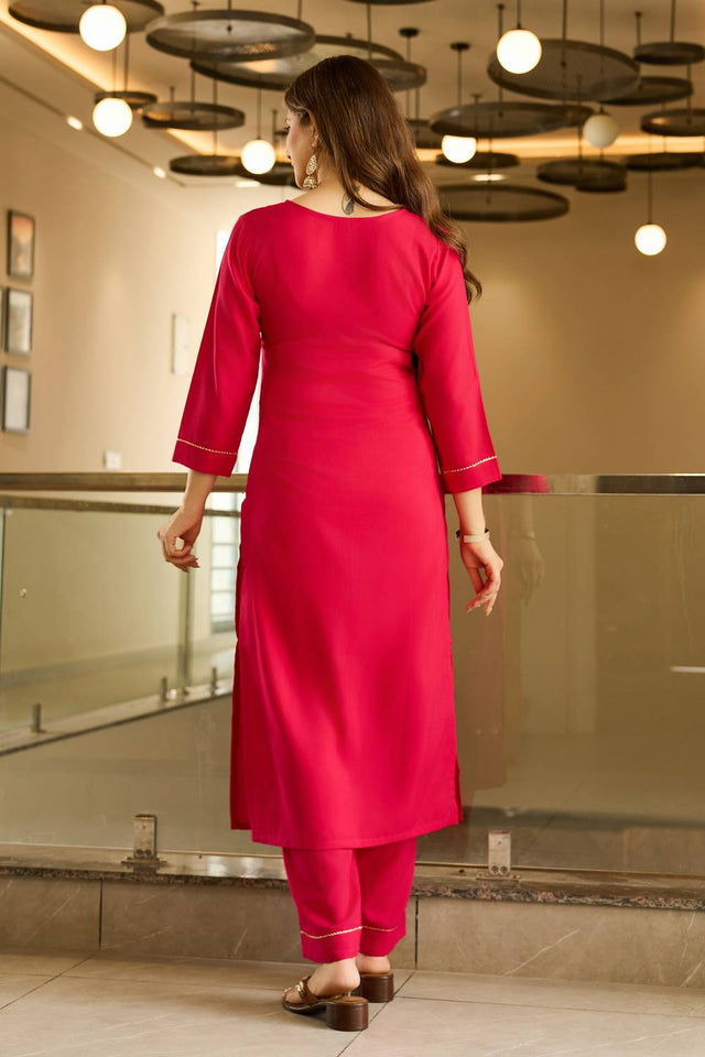 Red Embroidered Viscose Kurti Pant Set