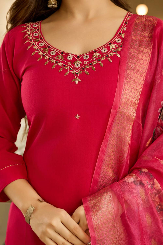 Red Embroidered Viscose Kurti Pant Set