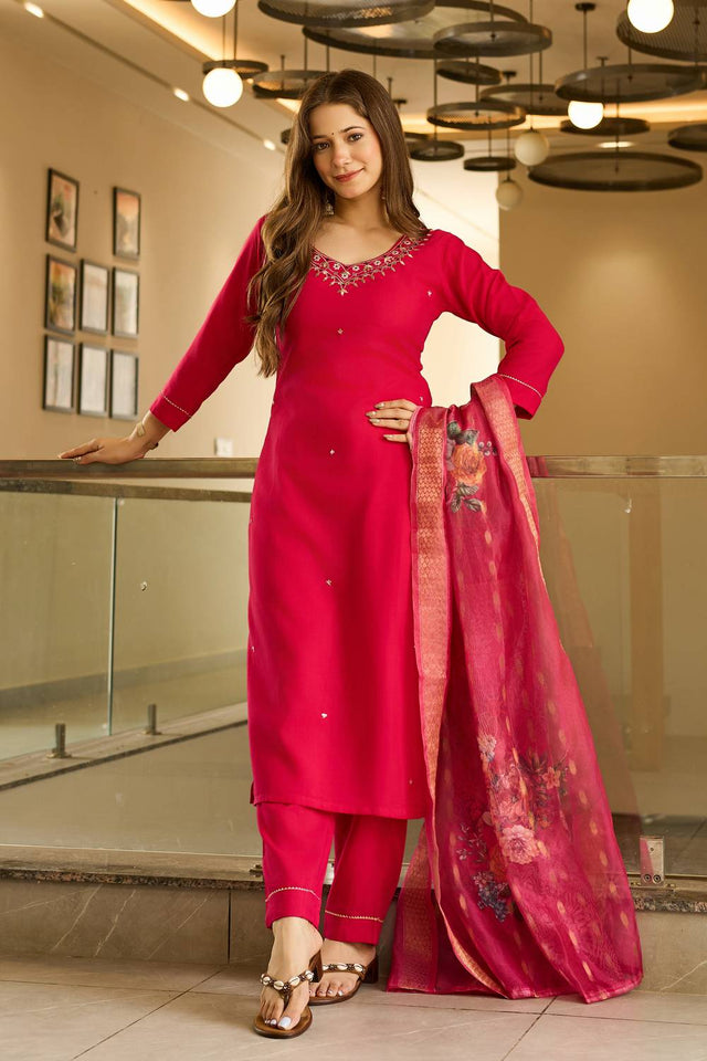 Red Embroidered Viscose Kurti Pant Set