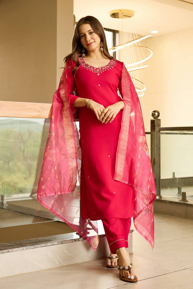 Red Embroidered Viscose Kurti Pant Set