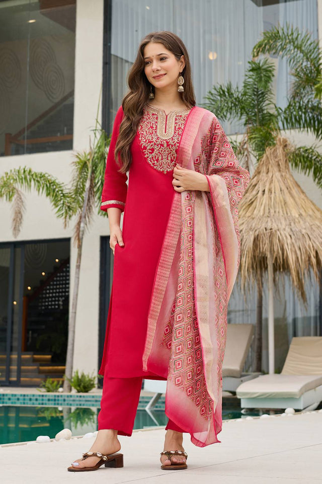 Red Sequin with Embroidered Rayon Kurti Pant Set