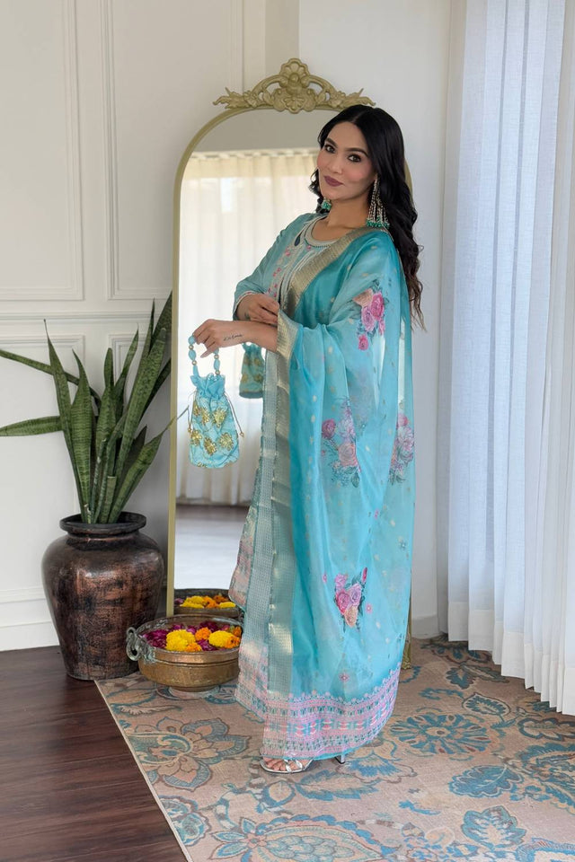 Blue Floral Embroidered Viscose Kurti Pant Set