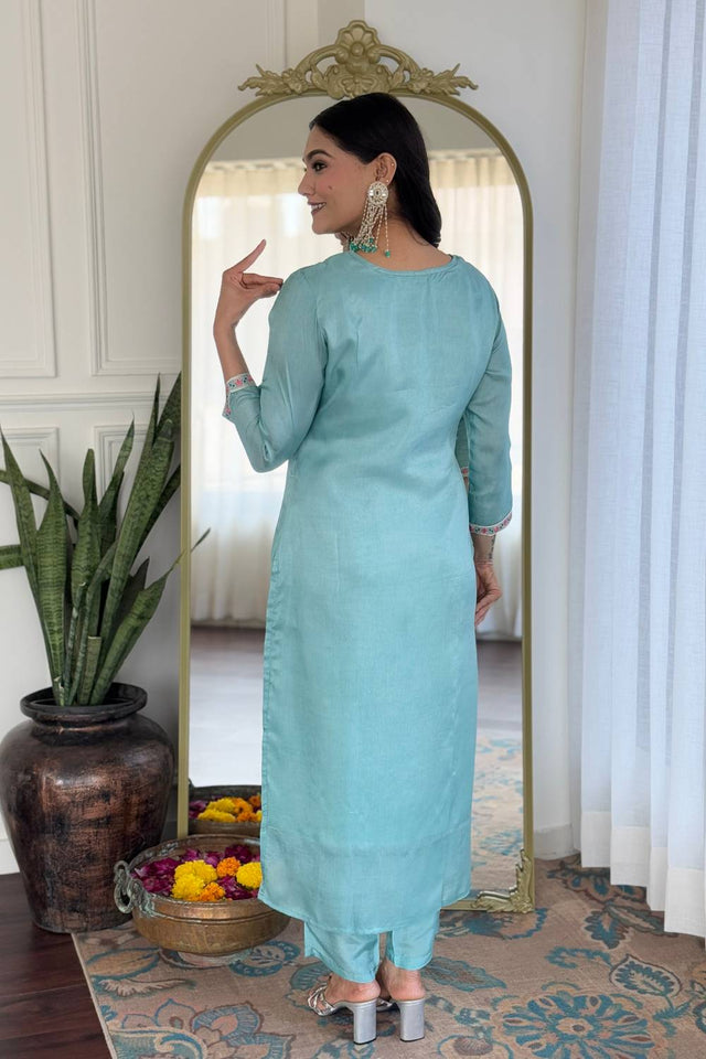 Blue Floral Embroidered Viscose Kurti Pant Set