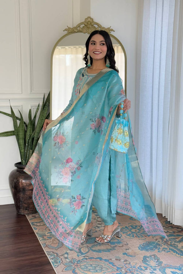 Blue Floral Embroidered Viscose Kurti Pant Set