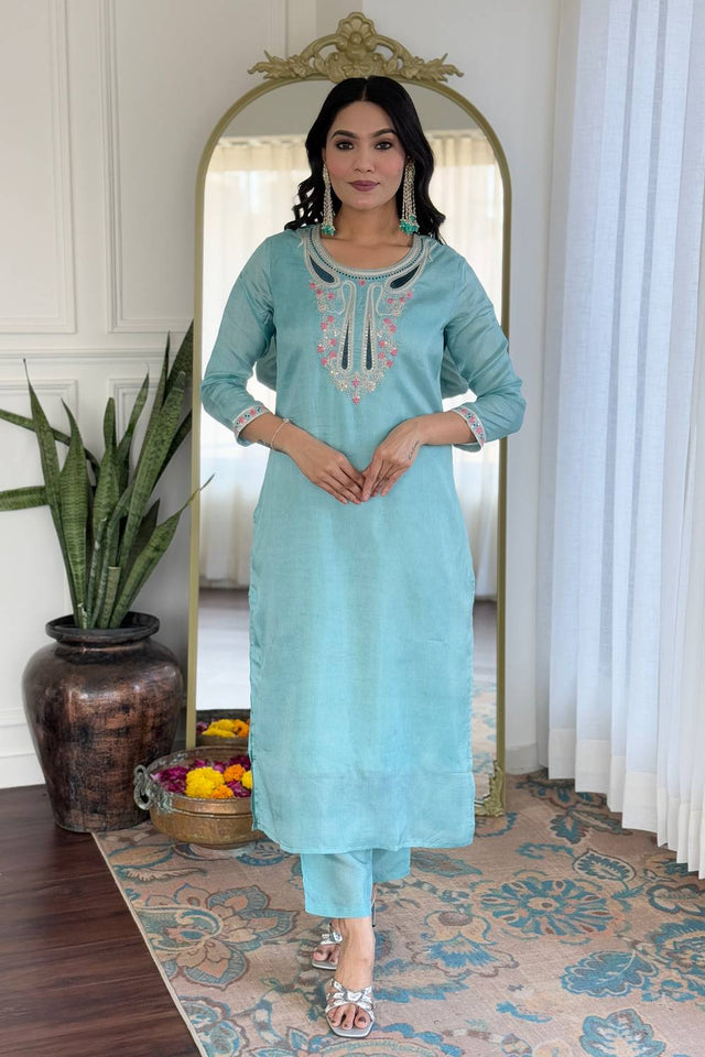 Blue Floral Embroidered Viscose Kurti Pant Set
