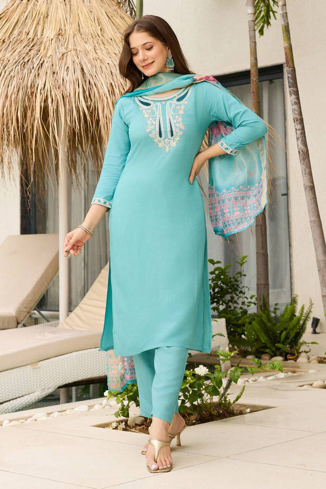 Blue Floral Embroidered Viscose Kurti Pant Set