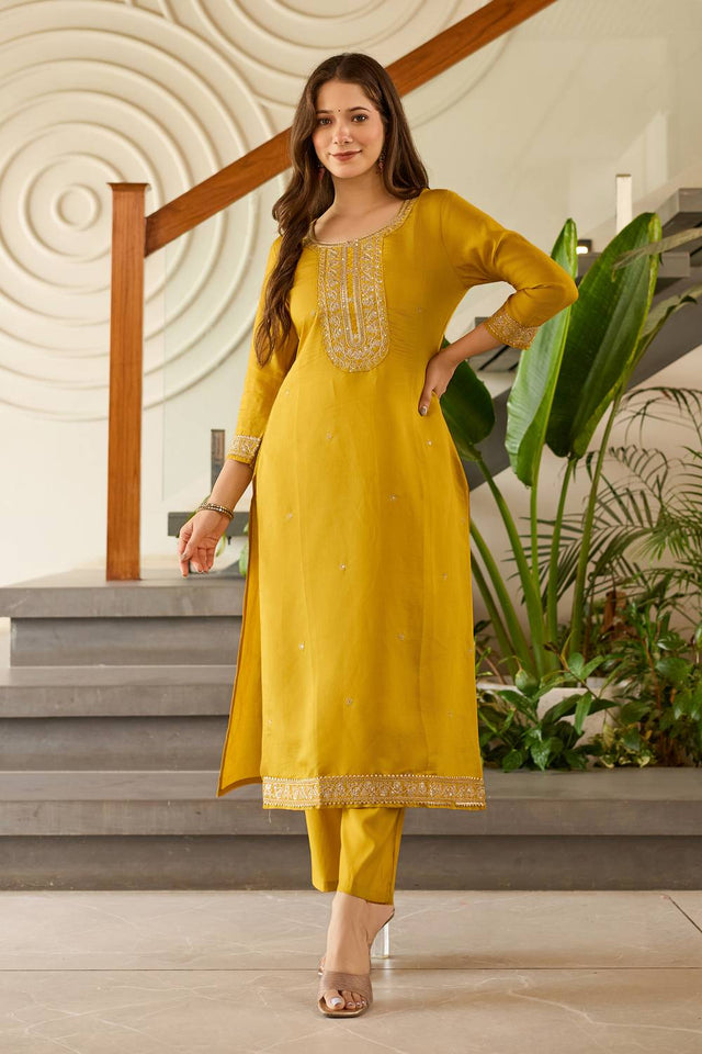 Mustard Sequin with Embroidered Viscose Kurti Pant Set