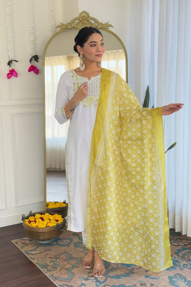 White Floral Embroidered Viscose Kurti Pant Set