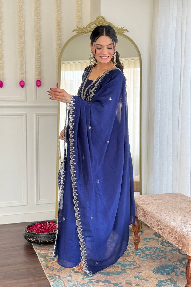 Blue Floral Embroidered Silk Anarkali Suit Set