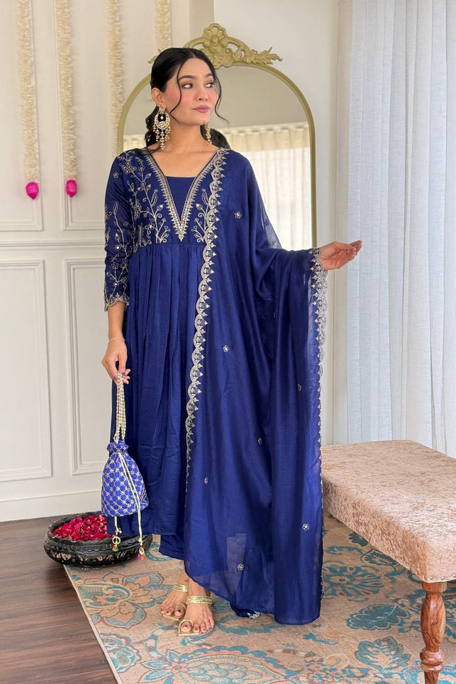 Blue Floral Embroidered Silk Anarkali Suit Set