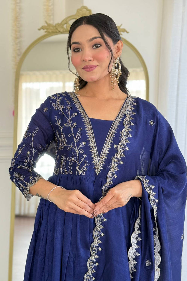 Blue Floral Embroidered Silk Anarkali Suit Set