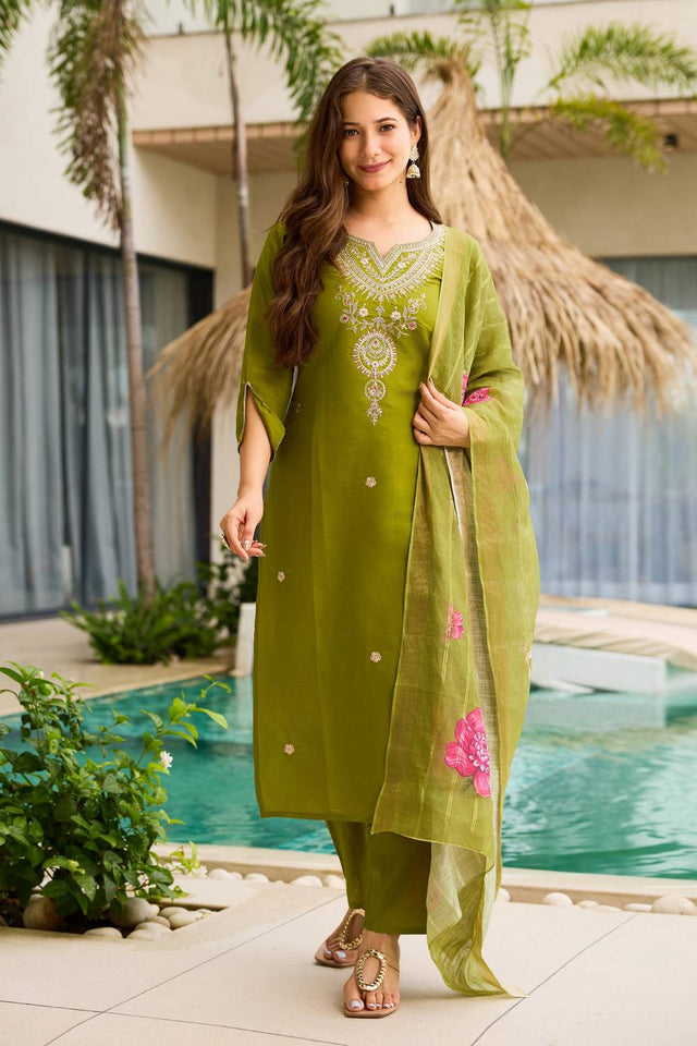 Green Floral Embroidered Viscose Kurti Pant Set