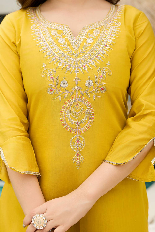 Mustard Floral Embroidered Viscose Kurti Pant Set