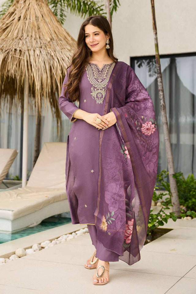 Brown Floral Embroidered Viscose Kurti Pant Set