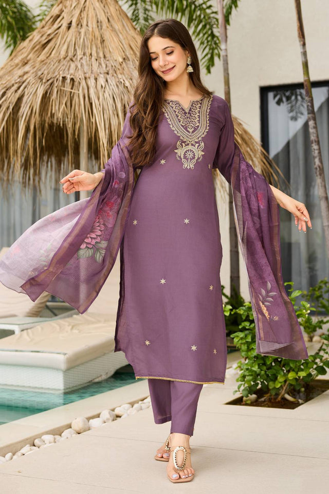 Brown Floral Embroidered Viscose Kurti Pant Set