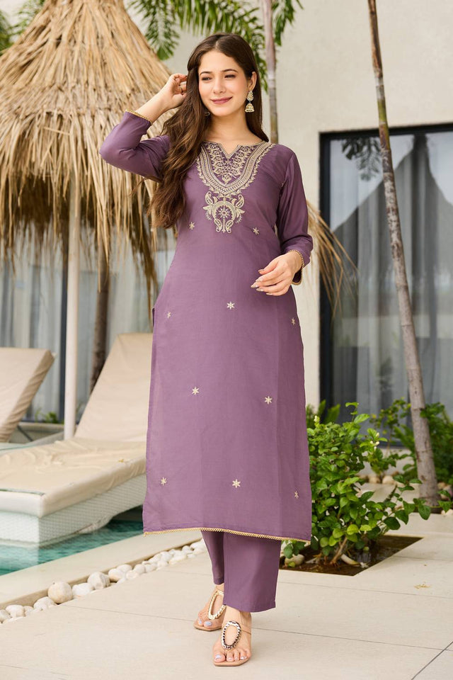 Brown Floral Embroidered Viscose Kurti Pant Set