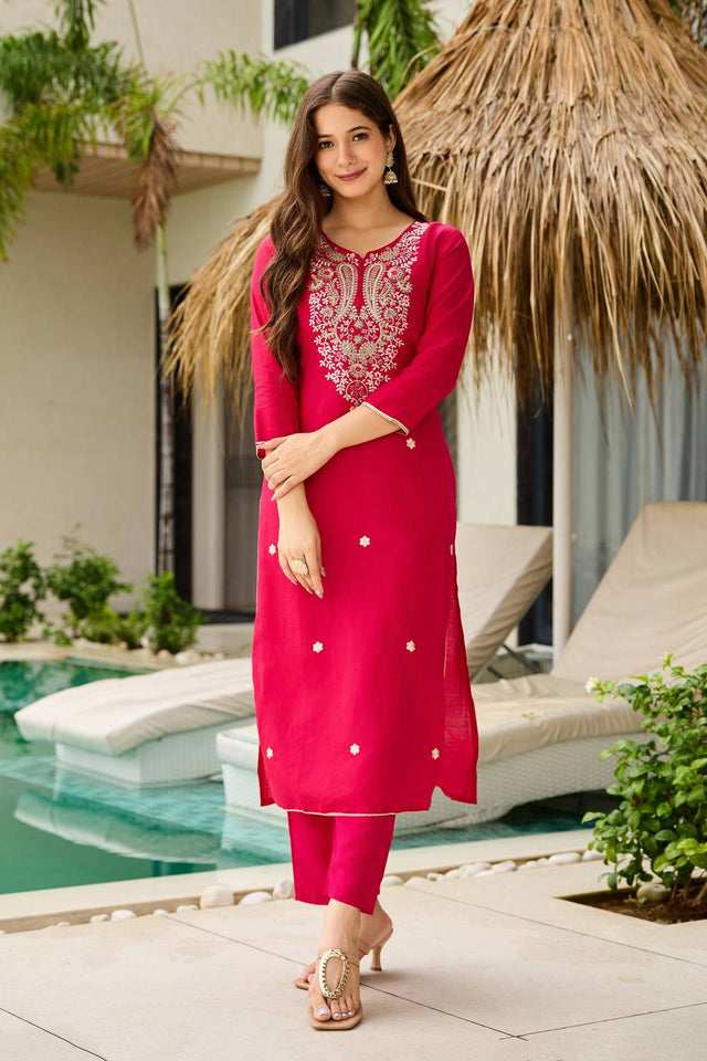Magenta Floral Embroidered Viscose Kurti Pant Set
