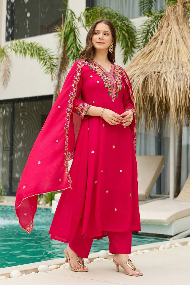 Magenta Floral Embroidered Silk Anarkali Suit Set