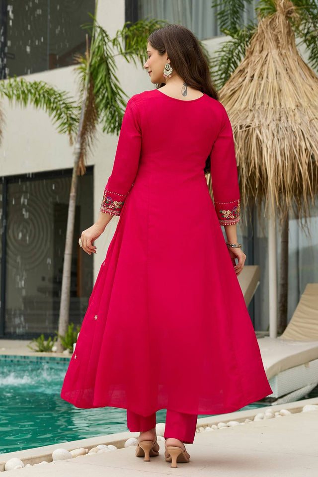 Magenta Floral Embroidered Silk Anarkali Suit Set