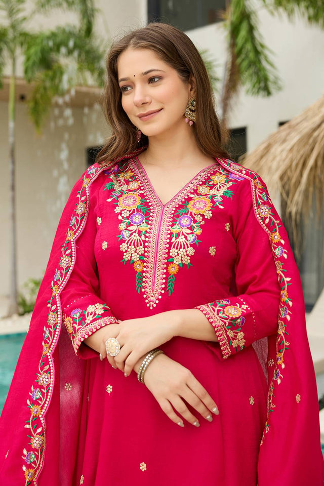 Magenta Floral Embroidered Silk Anarkali Suit Set