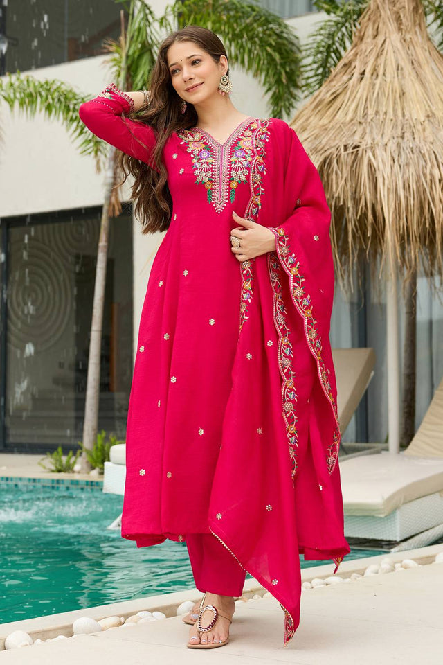 Magenta Floral Embroidered Silk Anarkali Suit Set