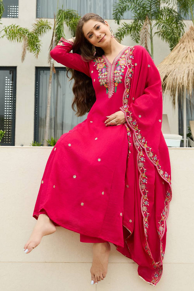 Magenta Floral Embroidered Silk Anarkali Suit Set