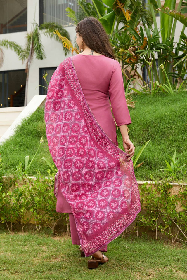 Pink Solid Rayon Kurti Pant Set