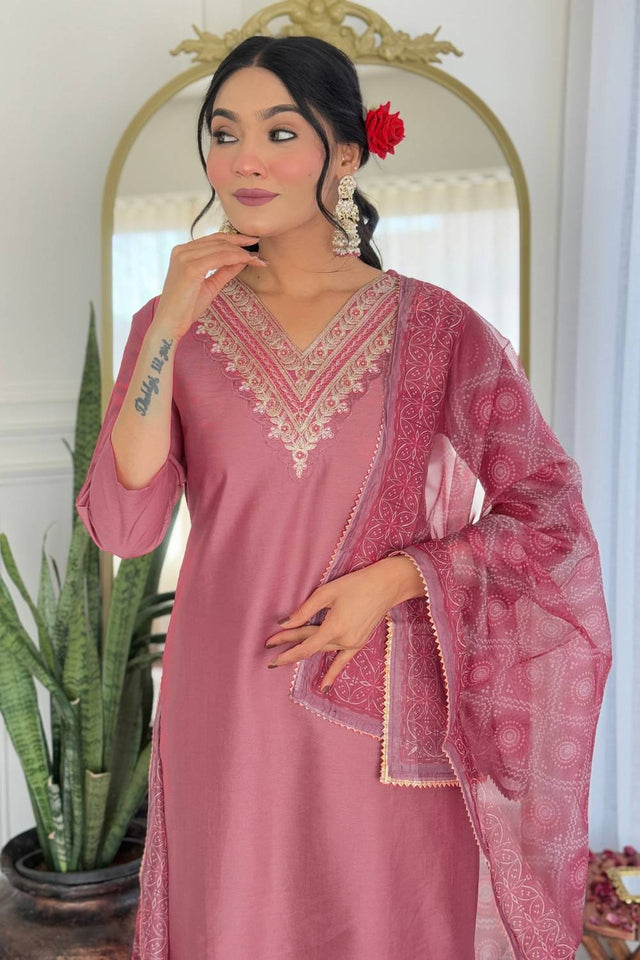 Pink Solid Rayon Kurti Pant Set