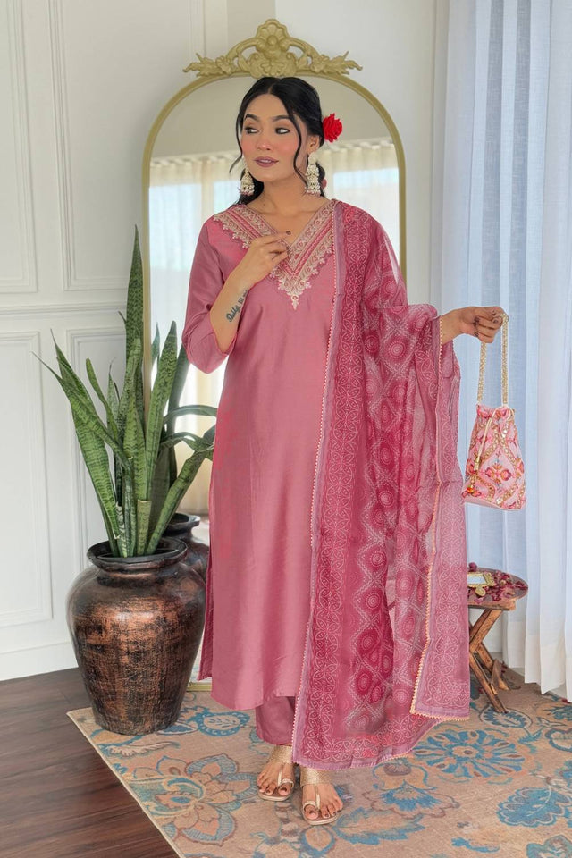 Pink Solid Rayon Kurti Pant Set
