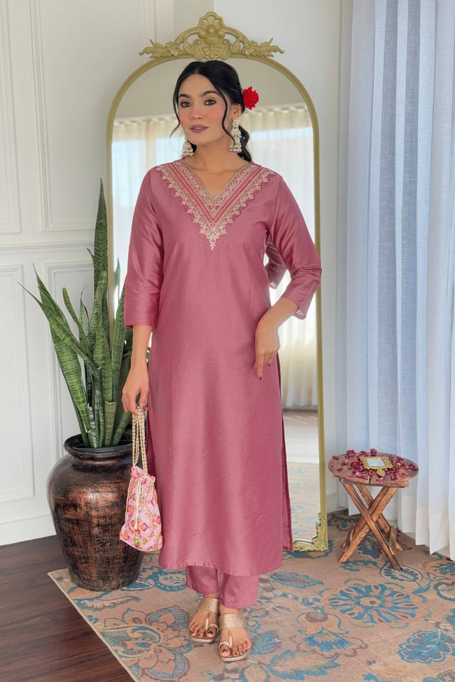 Pink Solid Rayon Kurti Pant Set
