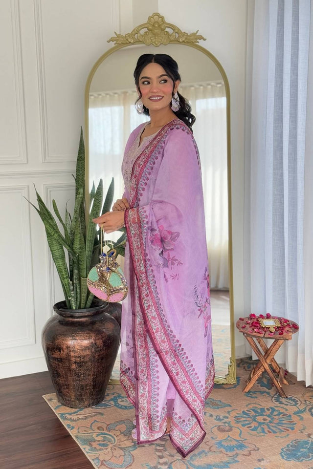 Lavender Floral Embroidered Rayon Kurti Pant Set