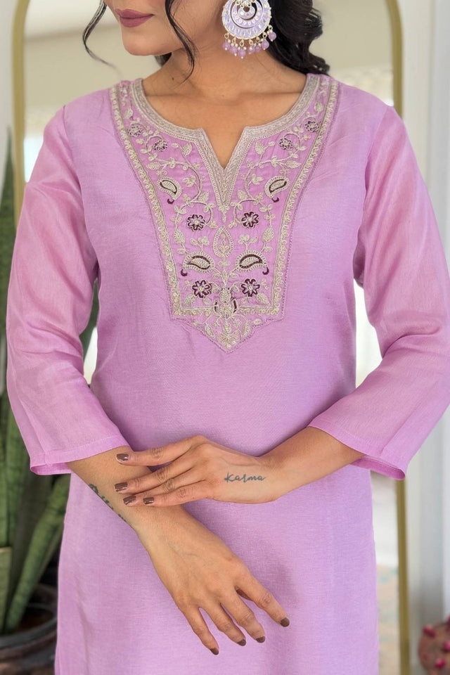 Lavender Floral Embroidered Rayon Kurti Pant Set