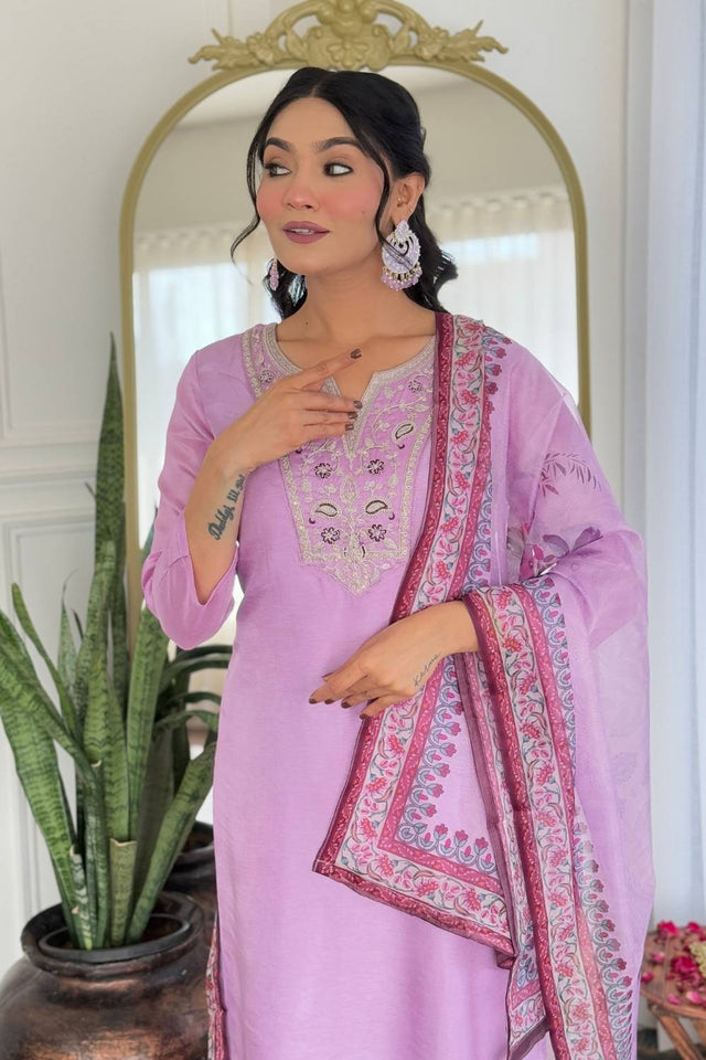 Lavender Floral Embroidered Rayon Kurti Pant Set
