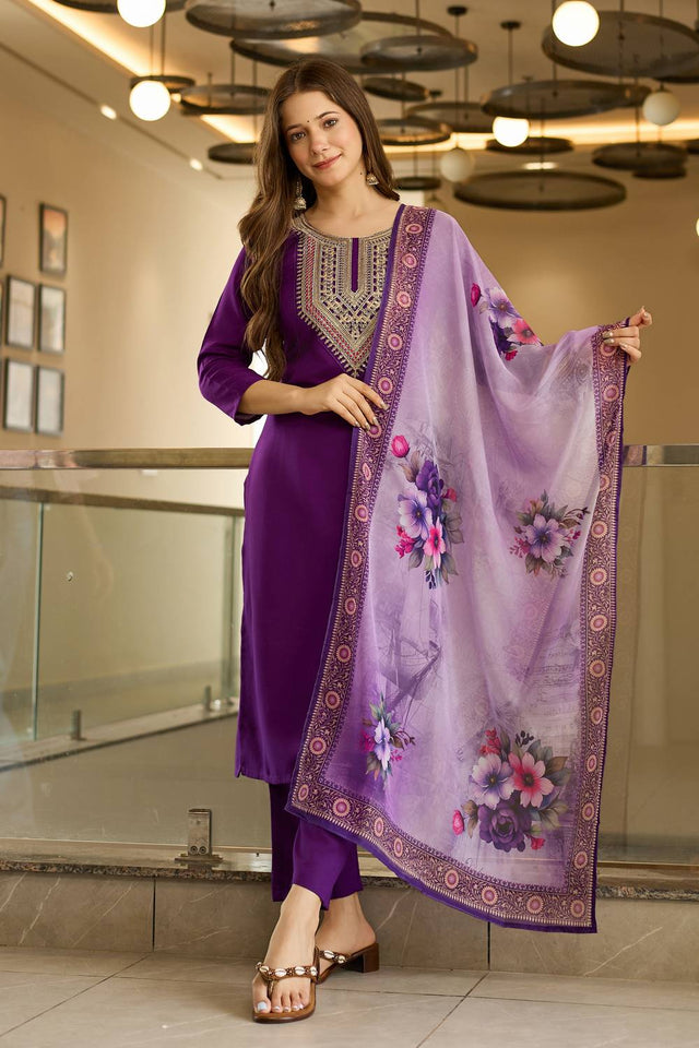 Violet Embroidered Rayon Kurti Pant Set