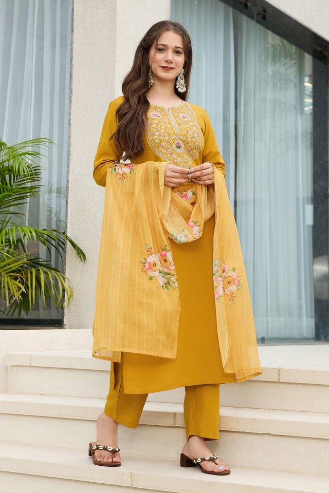 Mustard Embroidered Rayon Kurti Pant Set