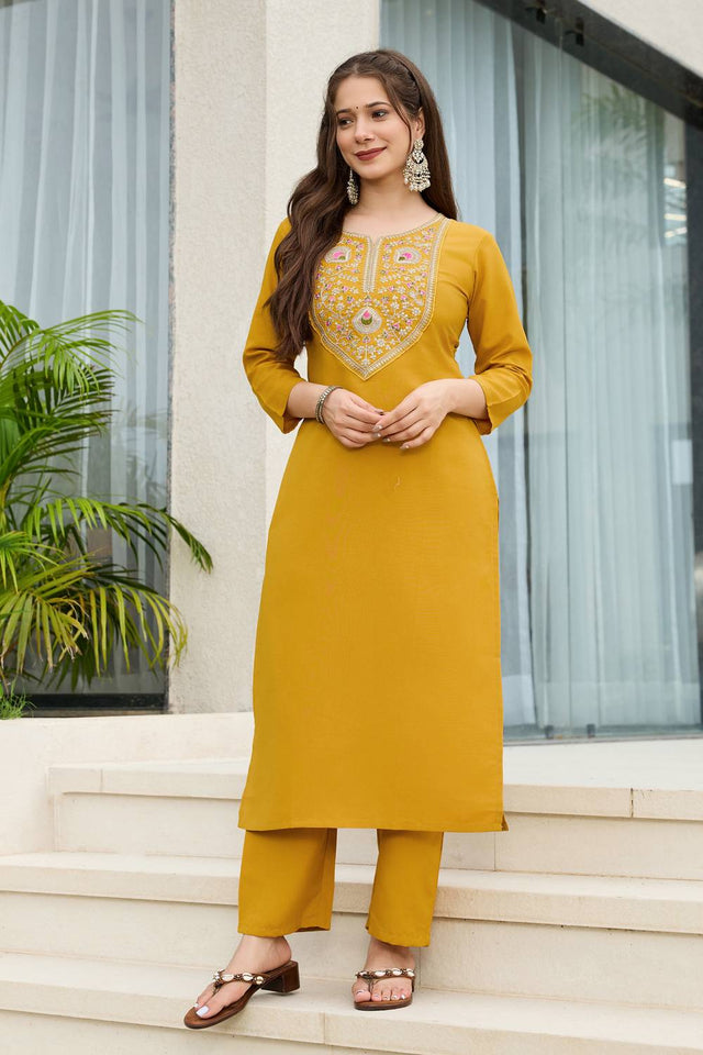 Mustard Embroidered Rayon Kurti Pant Set