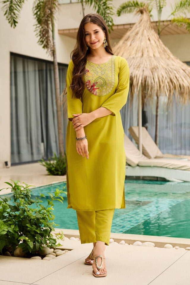 Green Sequin with Embroidered Rayon Kurti Pant Set