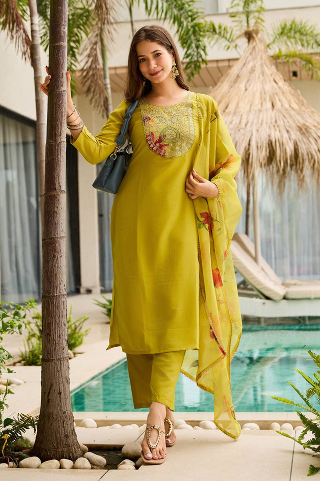 Green Sequin with Embroidered Rayon Kurti Pant Set