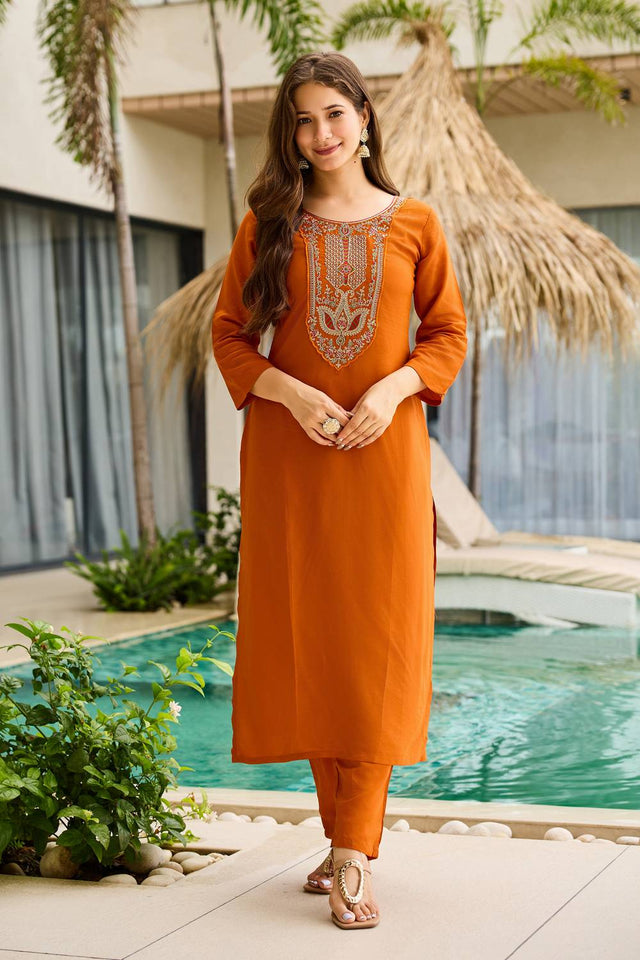 Rust Embroidered Rayon Kurti Pant Set