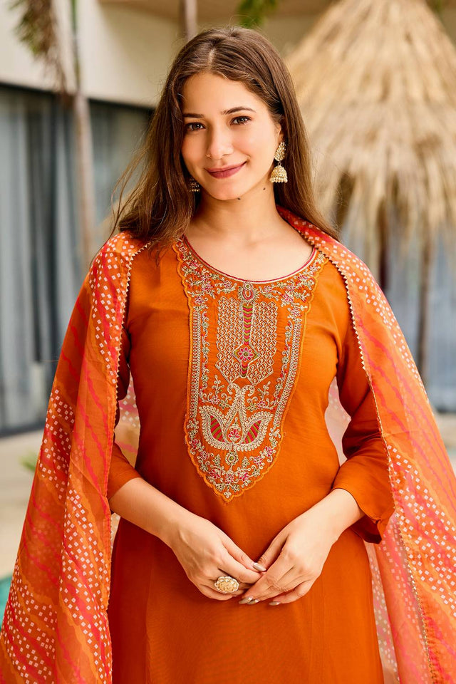 Rust Embroidered Rayon Kurti Pant Set