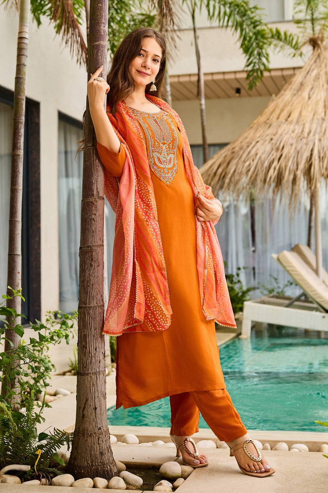 Rust Embroidered Rayon Kurti Pant Set