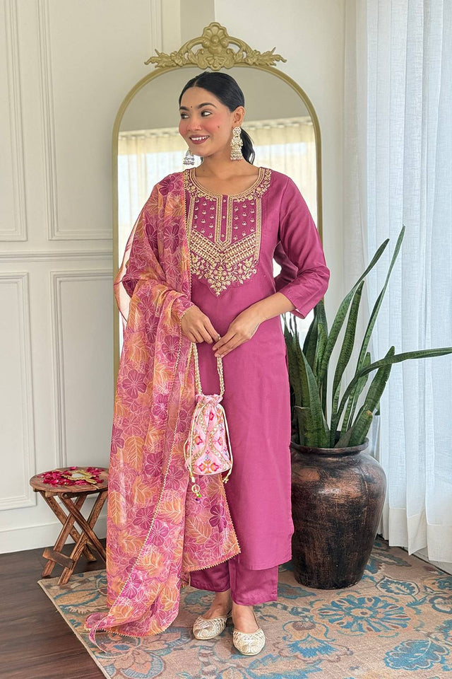 Pink Embroidered Rayon Kurti Pant Set
